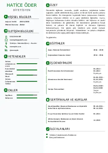Beslenme Uzmanı Diyetisyen CV Örnekleri cv indir